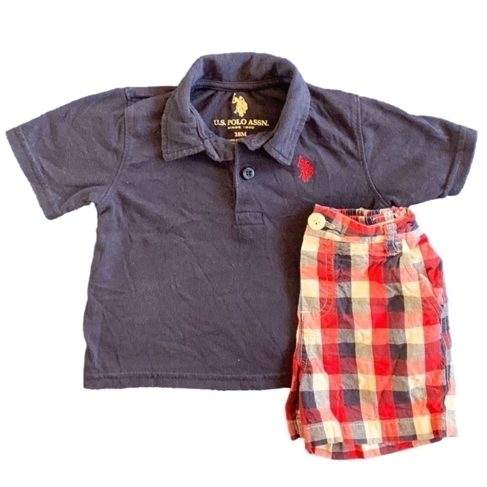 US Polo Assn Navy Blue Red White Short Sleeve Checkered Short Set Size 18mos